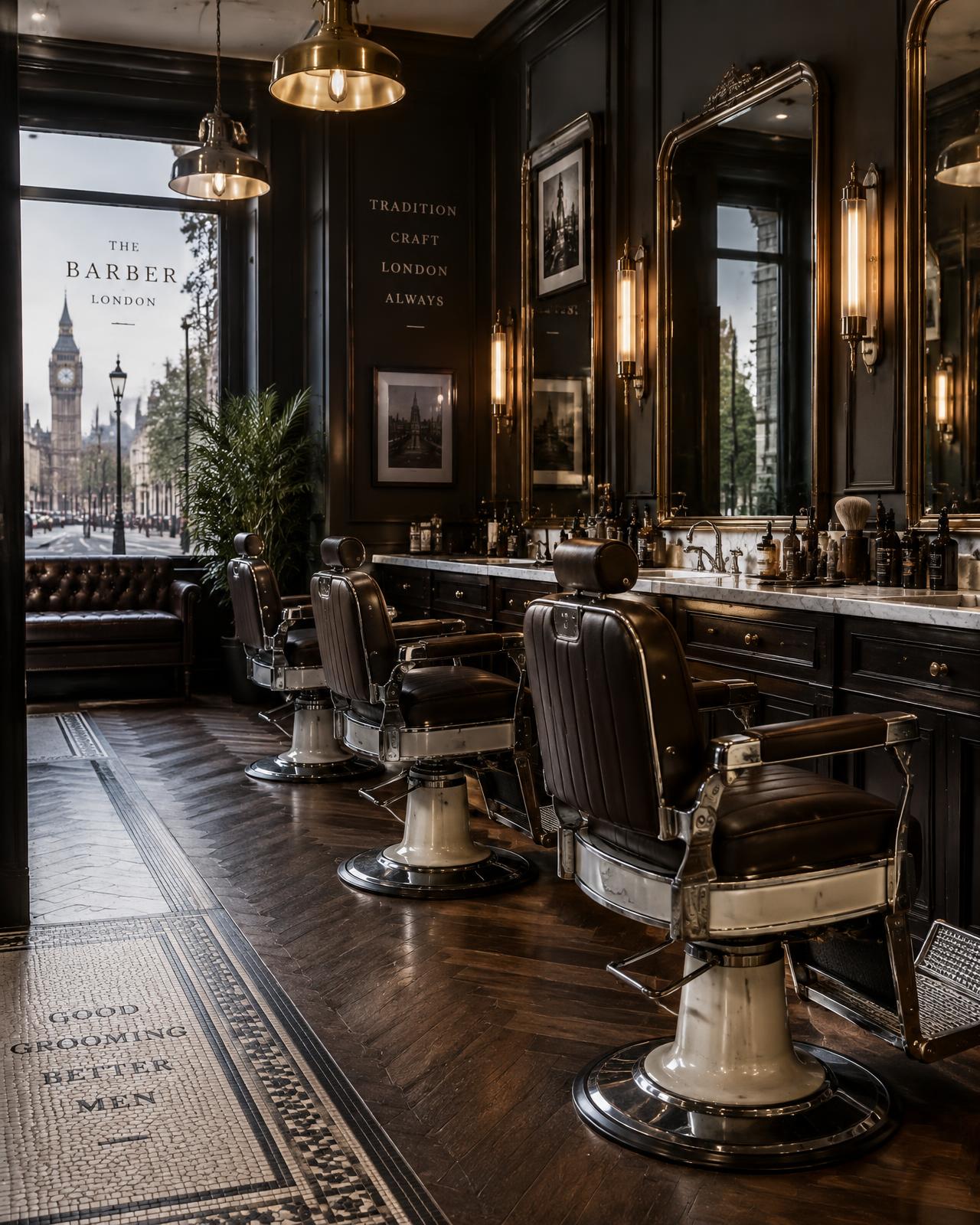 Interior of a traditional London barber shop with leather chairs and brass lighting