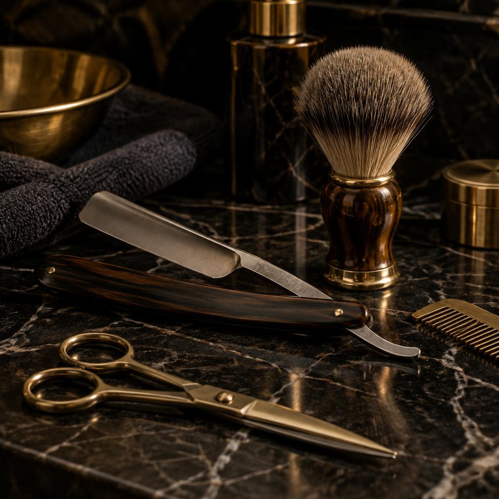 Straight razor, scissors and shaving brush on dark marble