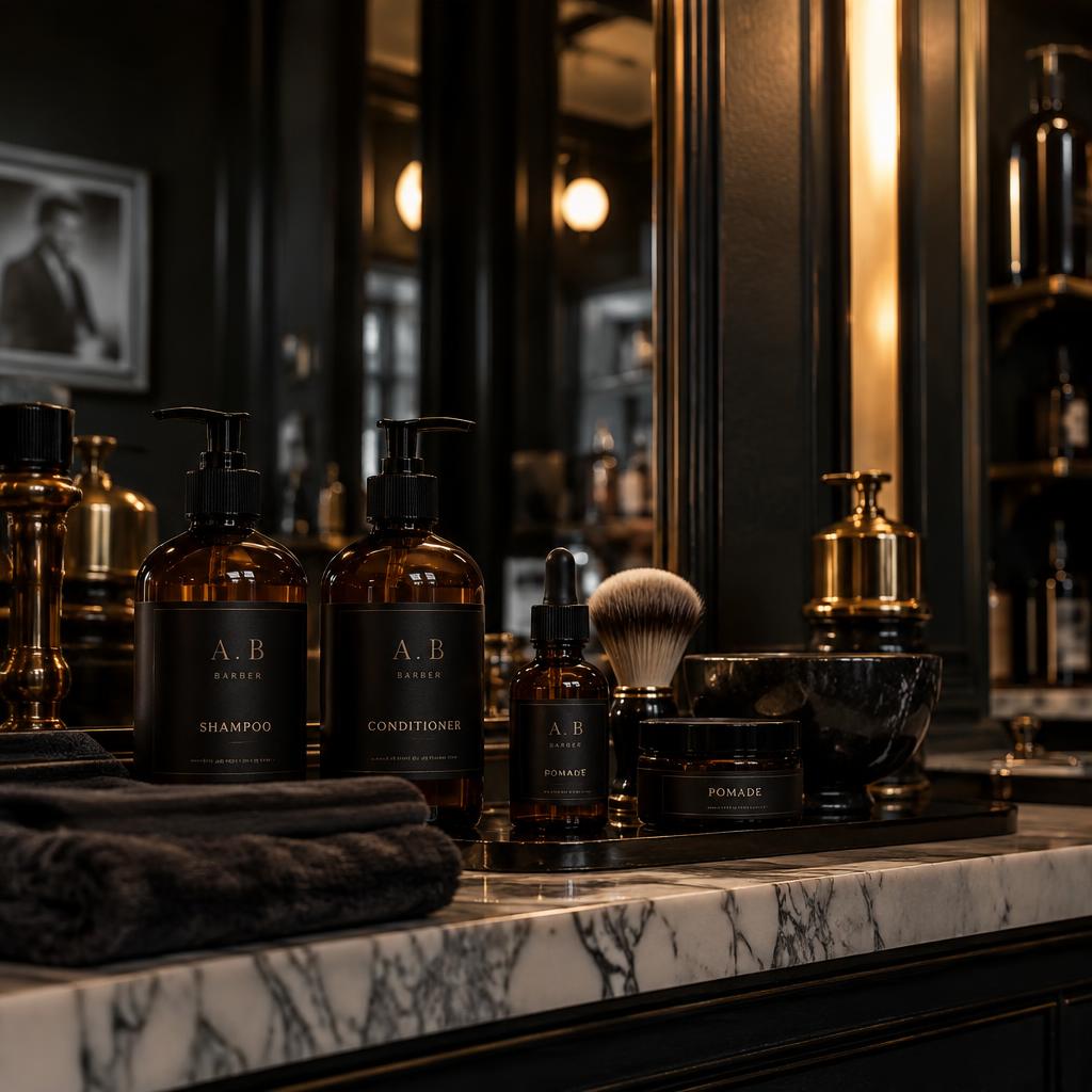Amber grooming product bottles on a marble counter