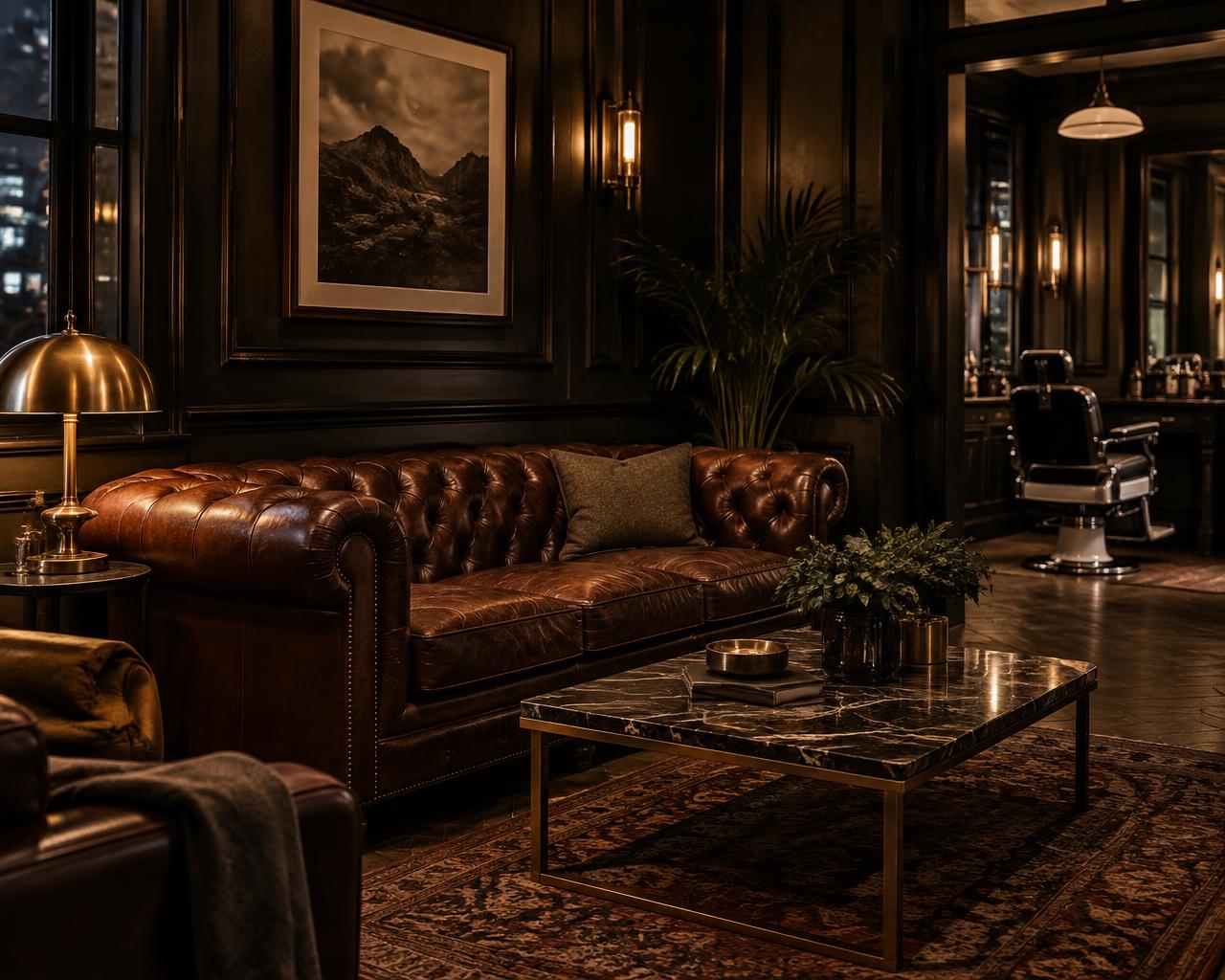 Leather chesterfield sofa in the barber shop waiting area