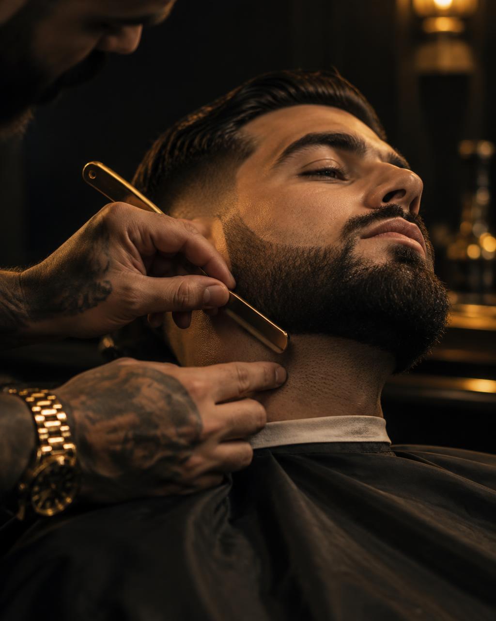 Barber finishing a beard line with a straight razor