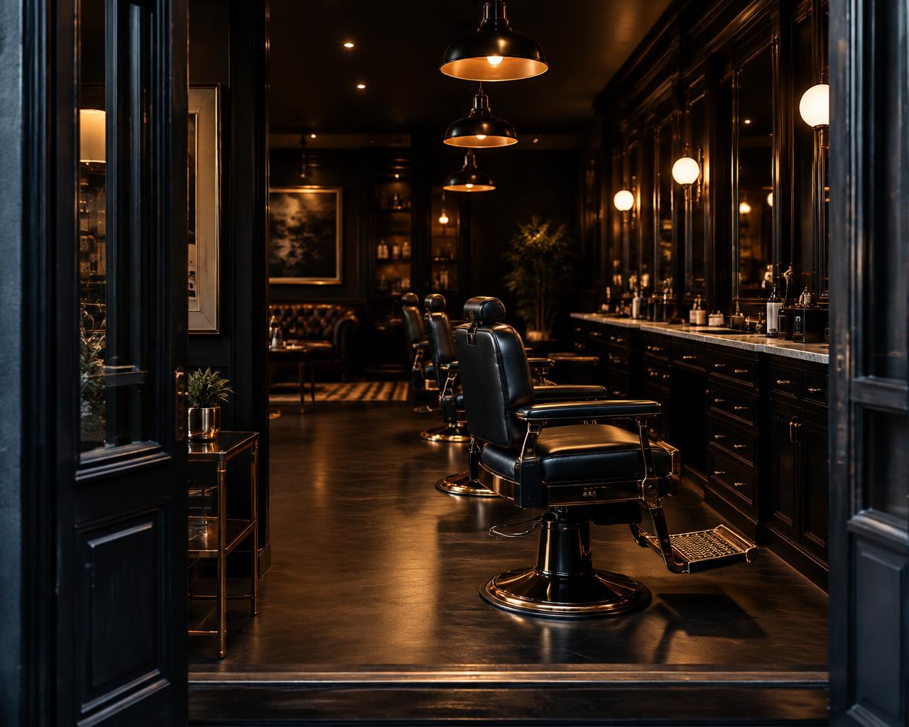 Warmly lit barber shop interior at night