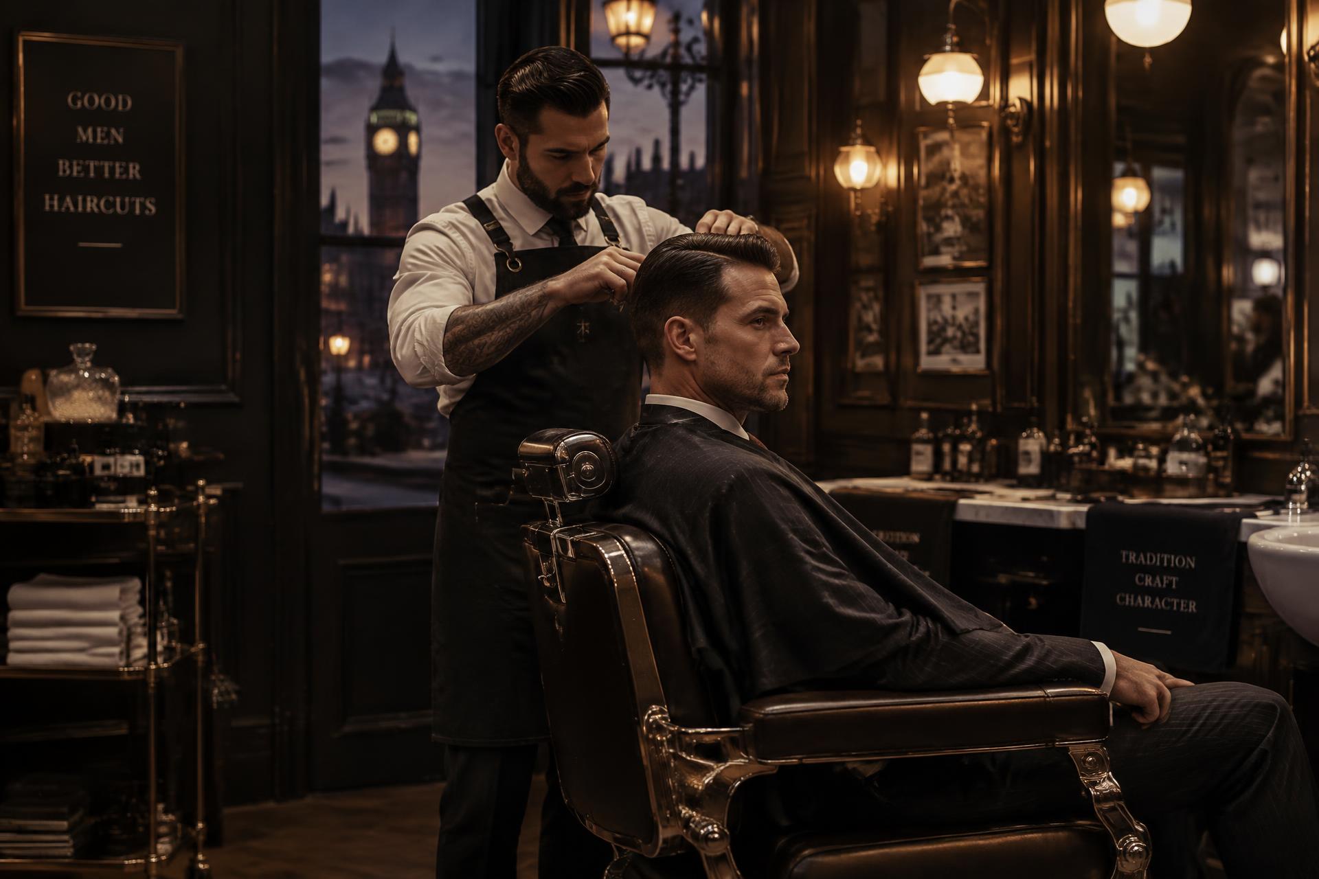 Barber cutting the hair of a well-dressed client in a traditional London barber shop