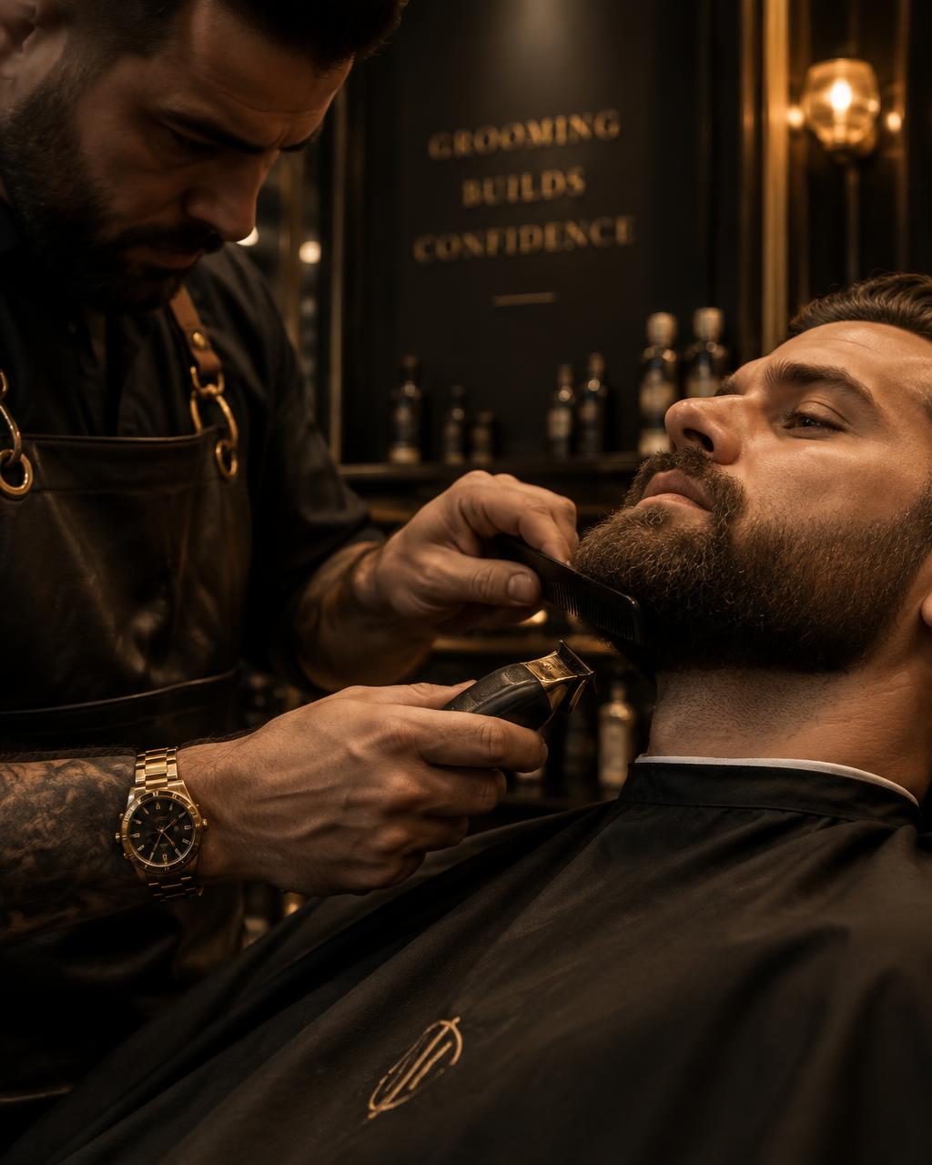 Barber shaping a client's beard with a trimmer