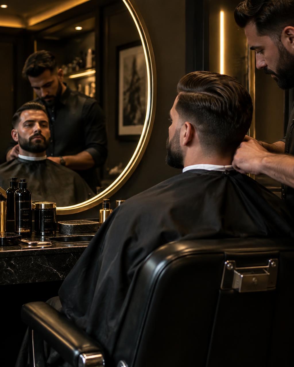 Freshly groomed gentleman in a barber chair with mirror reflection