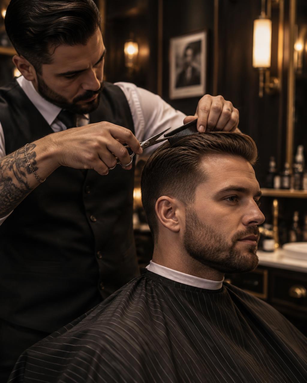 Barber cutting a client's hair with scissors and comb