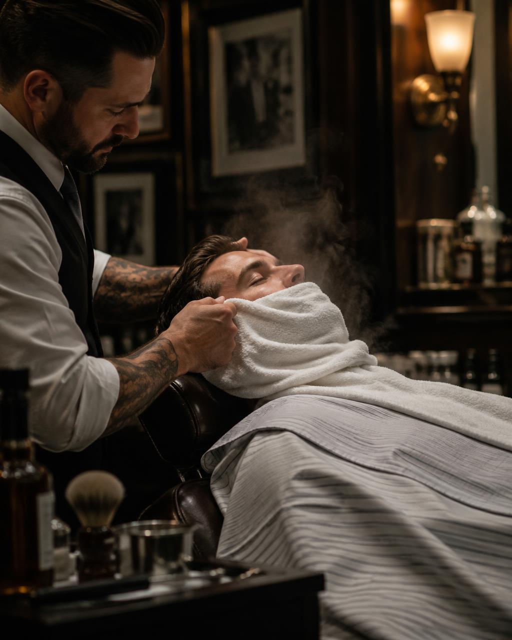 Hot towel placed on a client's face before a straight razor shave